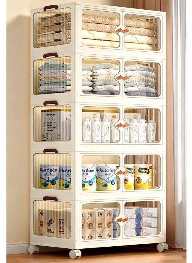 لاسولا خزانة تخزين من 5 طبقات، صندوق تخزين قابل للتكديس مع عجلات، خزانة تخزين غرفة نوم ألعاب الأطفال ذات الأبواب المزدوجة، حاويات تخزين قابلة للطي متعددة الأغراض للمنزل والمكتب 45 × 27 × 116 سم أبيض + شفاف - Image 1